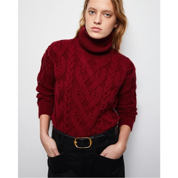Nili Lotan Wooster Cable-Knit Turtleneck Sweater XS Burgundy Fisherman Preppy - Picture 1 of 11